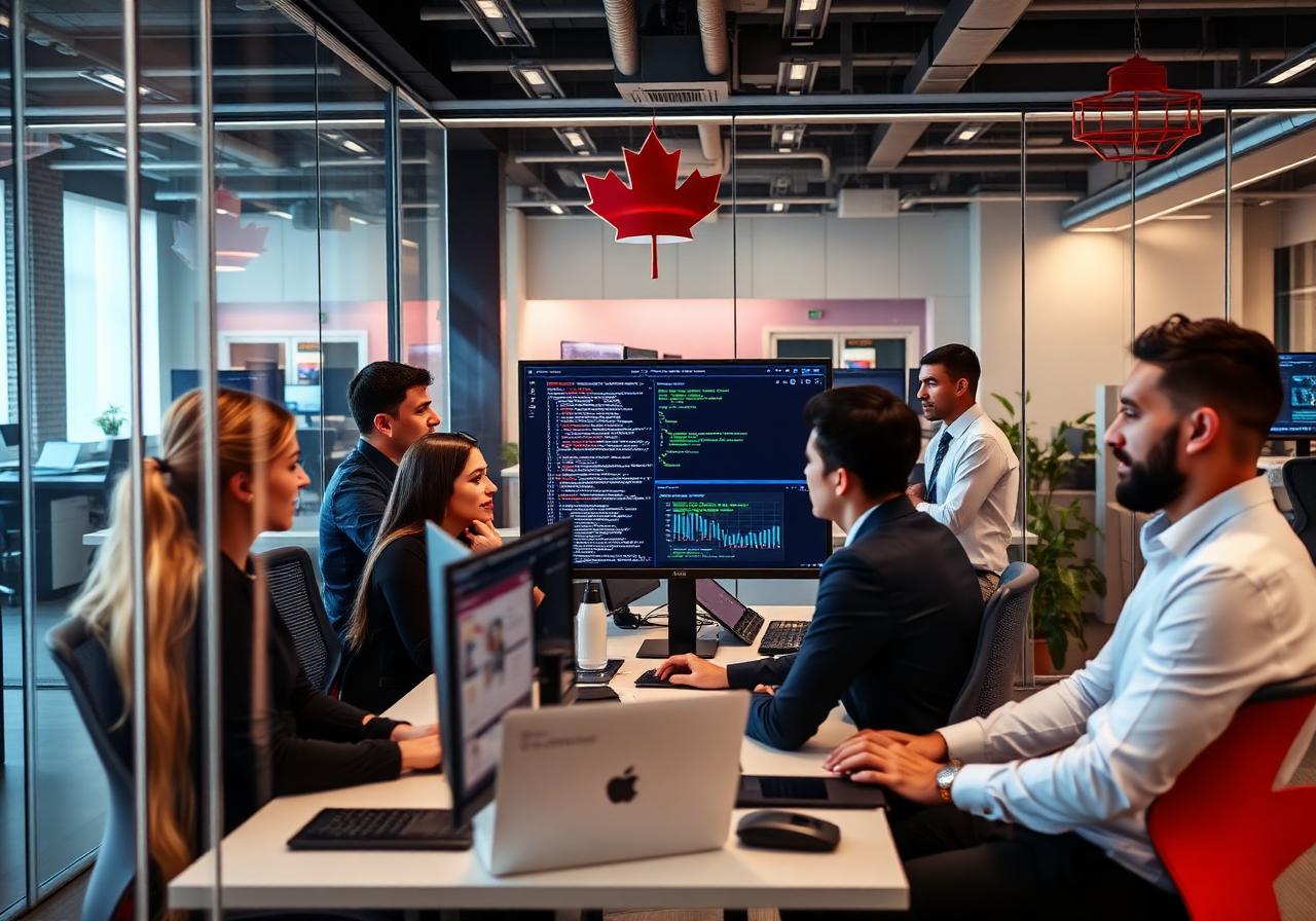 Diverse Canadian tech professionals collaborating in a modern office environment
